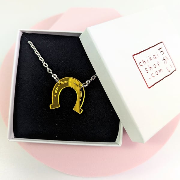 Horseshoe necklace on mirror gold acrylic and silver plated chain horse lover