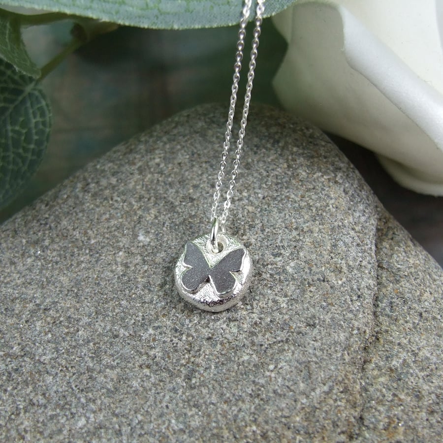 Silver Pebble Pendant with Butterfly, Recycled Silver Necklace