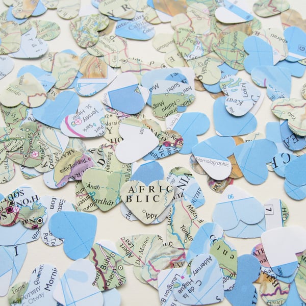 1000 Confetti Map Atlas Hearts - Wedding Birthday Travel - Heart Table Decor