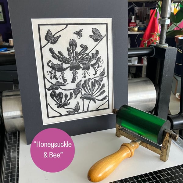 Linocut Print - Honeysuckle & Bee - Limited Edition Print