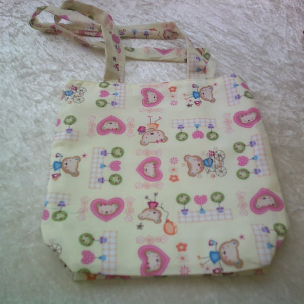 Teddy Bears on Bikes and Rollers Skates with Pink Hearts Fabric Bag