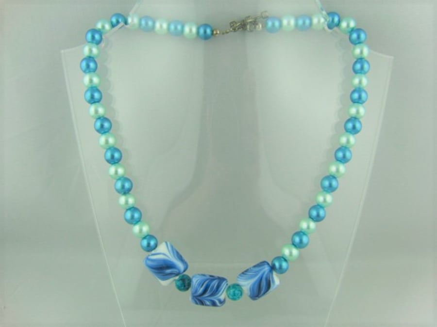 Blue Pearl & Ceramic Bead Necklace, Blue Beaded Necklace