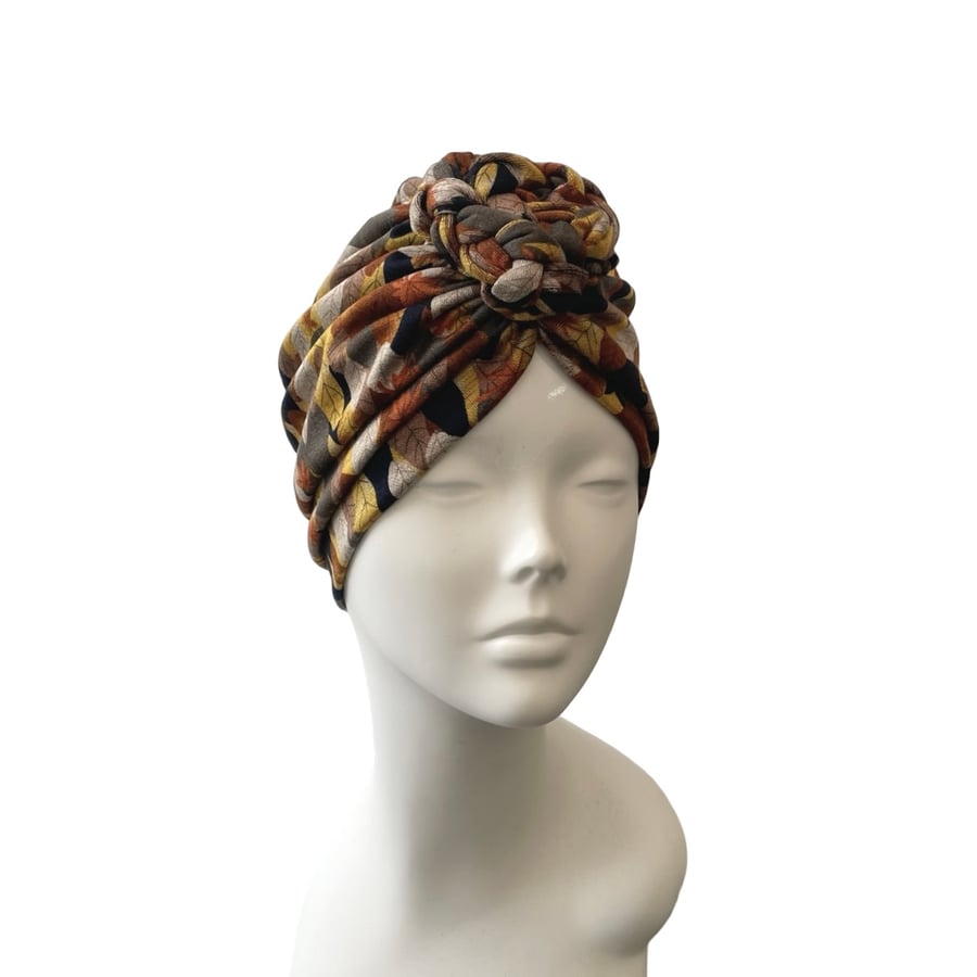 Leaf Print Autumn Full Head Turban, Handmade Soft Jersey Hair Loss Turban 