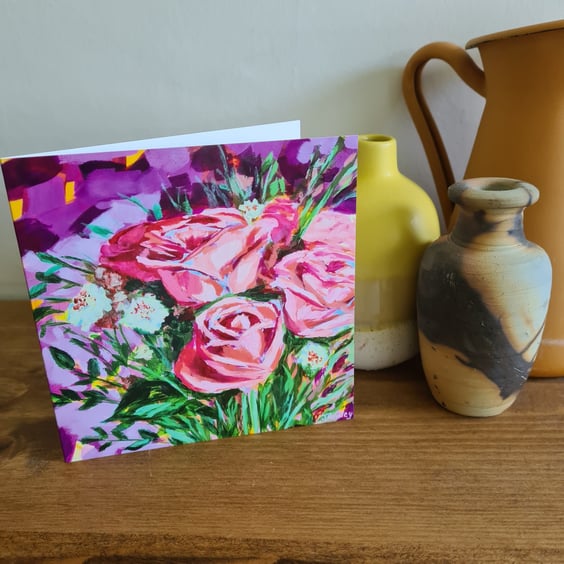 Pink roses painting printed card