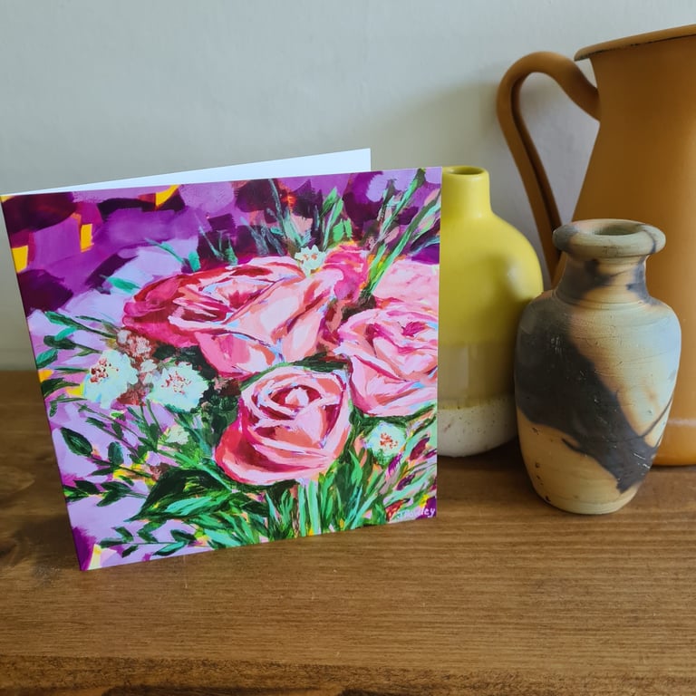 Pink roses painting printed card