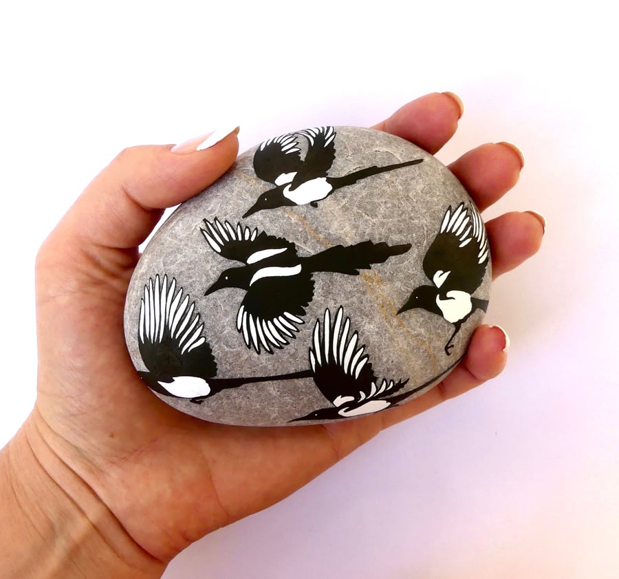 Five for Silver Magpies Story Stone - Handmade Nature Inspired Bird Art