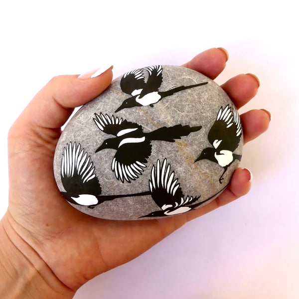 Five for Silver Magpies Story Stone - Handmade Nature Inspired Bird Art