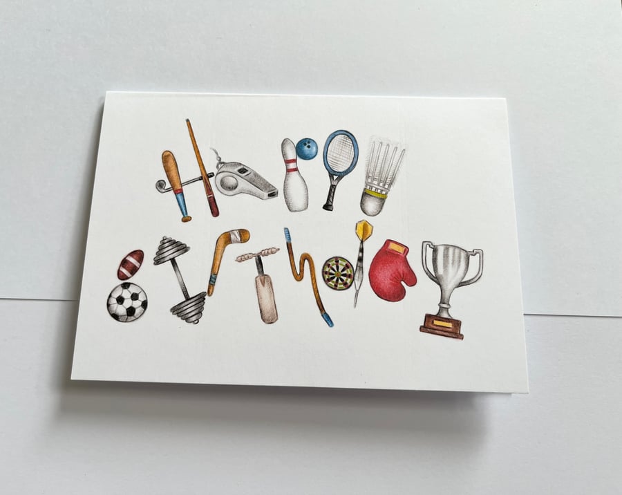 Happy Birthday card - athlete, Sports fan alphabet word art - 7x5 inches