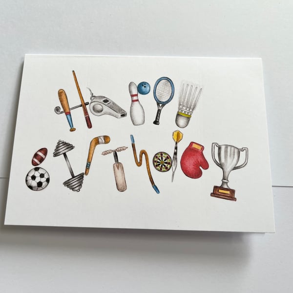 Happy Birthday card - athlete, Sports fan alphabet word art - 7x5 inches
