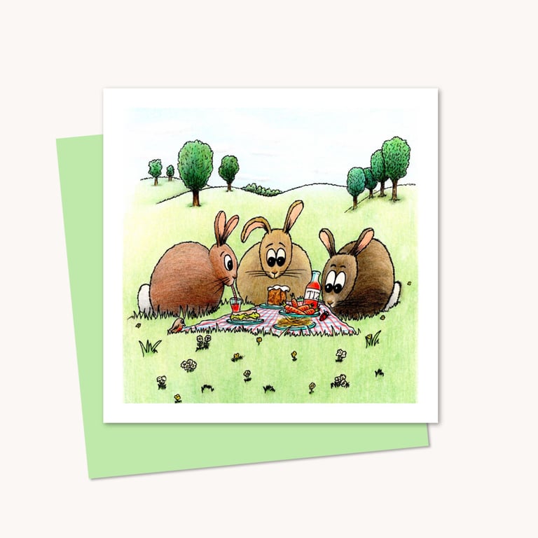Rabbit Picnic Greeting Card: Funny Bunny Pencil Illustration (223)