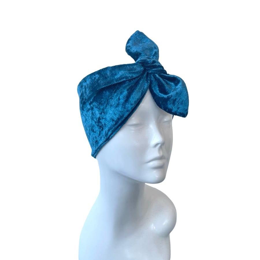 Velvet headband, Wide vintage pin up style 1940s teal blue self tie headband