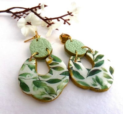 Green Leaf Pattern Polymer Clay Stud Earrings.
