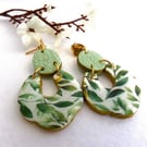 Green Leaf Pattern Polymer Clay Stud Earrings.