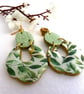 Green Leaf Pattern Polymer Clay Stud Earrings.
