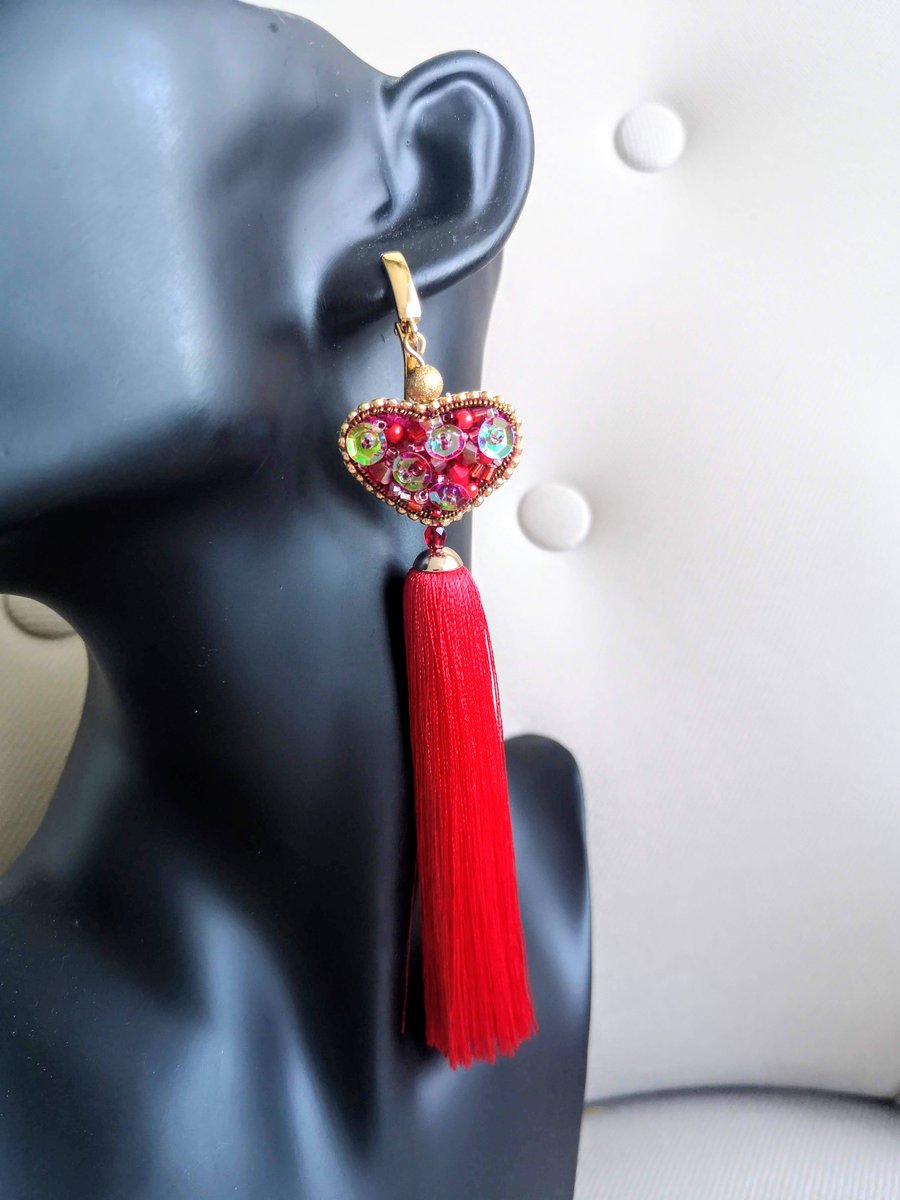 Red Embroidered Heart Shaped Tassel Earrings