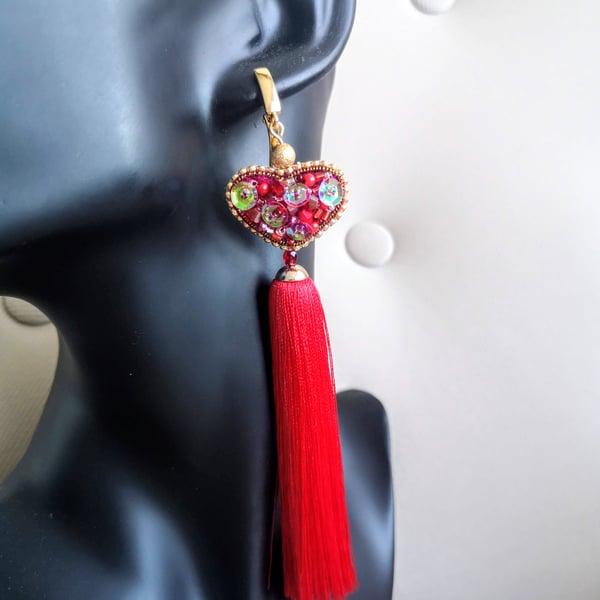 Red Embroidered Heart Shaped Tassel Earrings