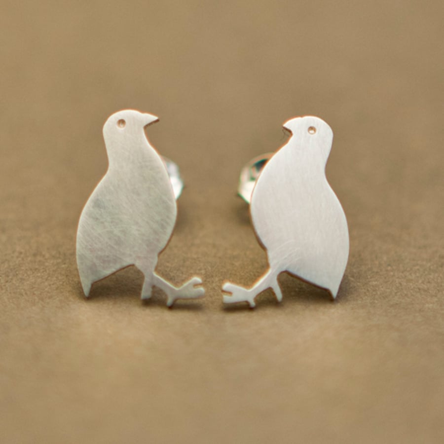 Red Legged Partridge Silver Stud Earrings