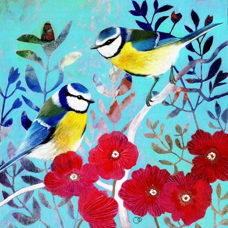 Blue Tits Original Mixed Media and Acrylic Painting
