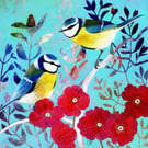 Blue Tits Original Mixed Media and Acrylic Painting