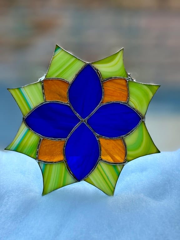 Stained glass mandala (blue, gold, green)