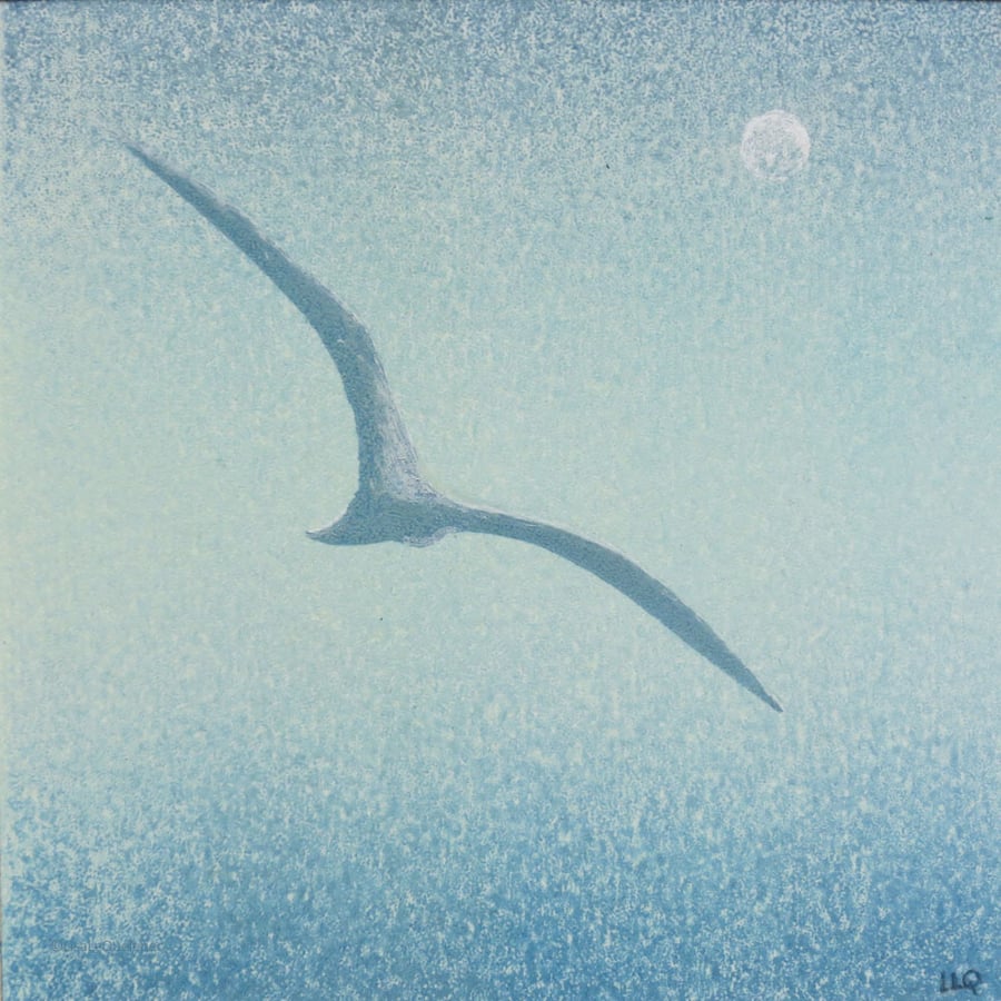 Flying gull coastal monoprint aqua sea and sky gliding on a summer breeze