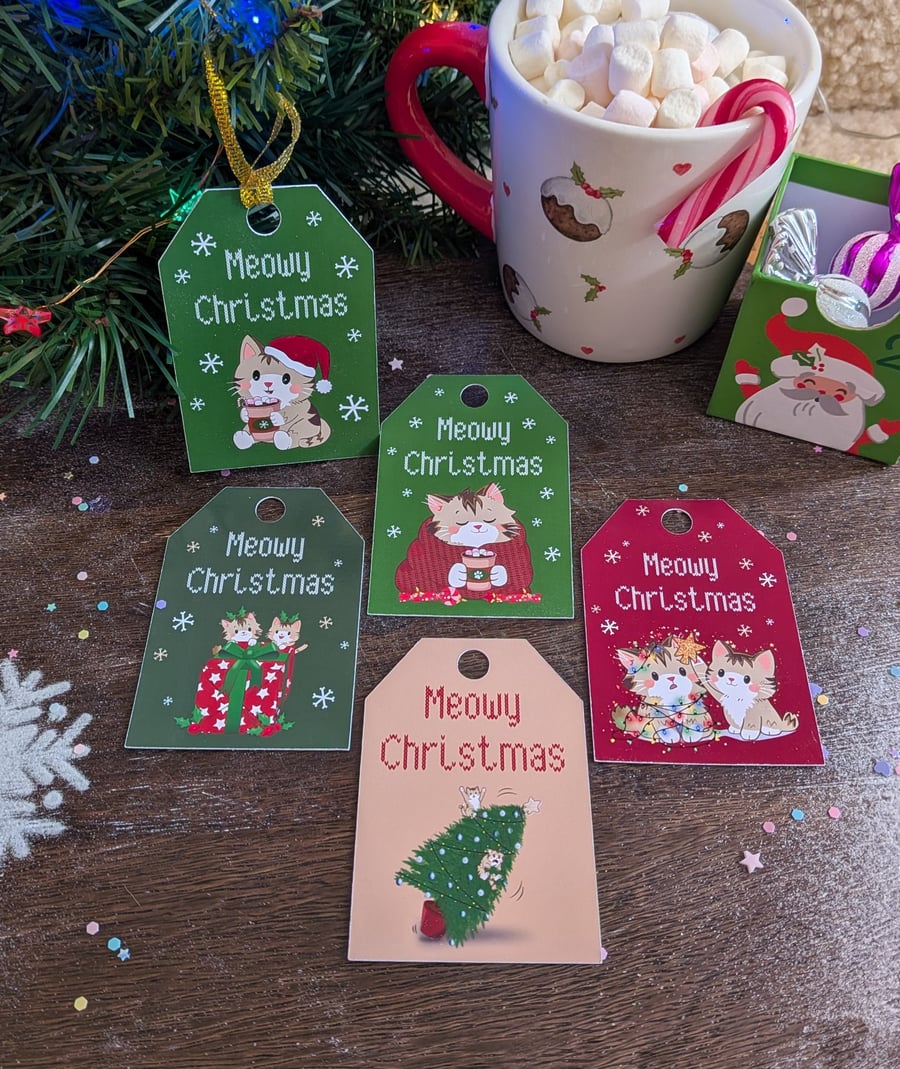 Meowy Christmas Gift Tags Set - Glossy Cat Gift Labels - Monty & Mabel