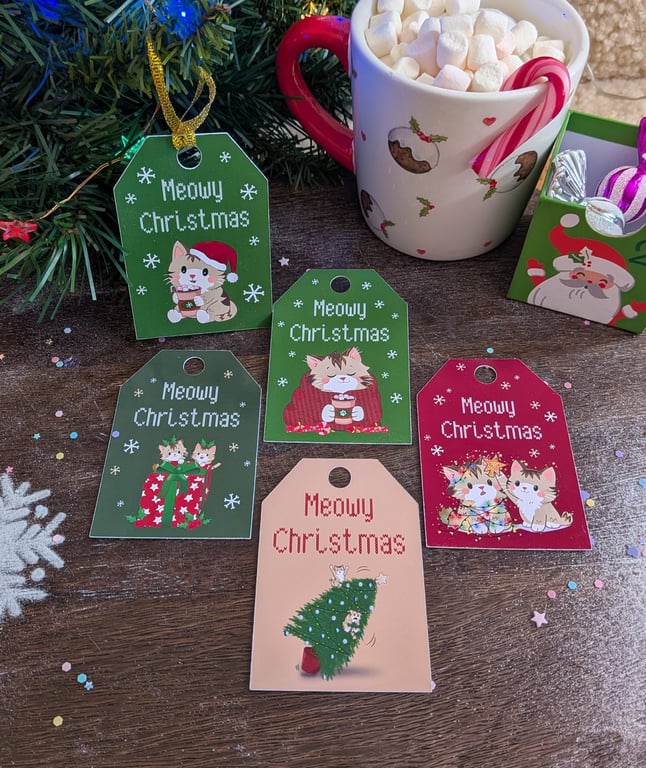 Meowy Christmas Gift Tags Set - Glossy Cat Gift Labels - Monty & Mabel