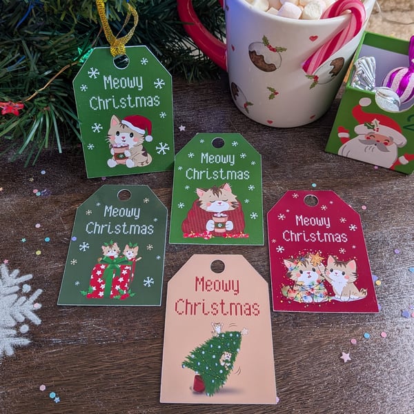 Meowy Christmas Gift Tags Set - Glossy Cat Gift Labels - Monty & Mabel