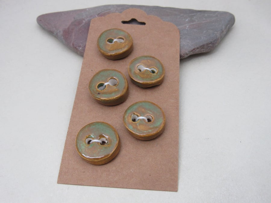 5 Small Round Grassland Green Brown Handmade Ceramic Buttons
