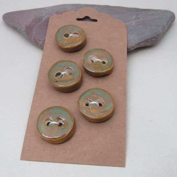 5 Small Round Grassland Green Brown Handmade Ceramic Buttons