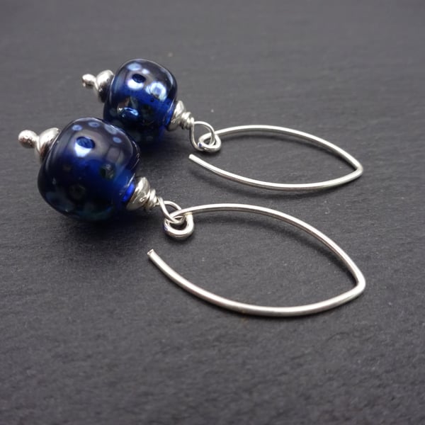 blue and silver speckles lampwork glass earrings