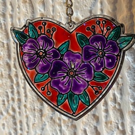 Handmade Faux Stained Glass Floral Violet Heart-Shaped Keyring