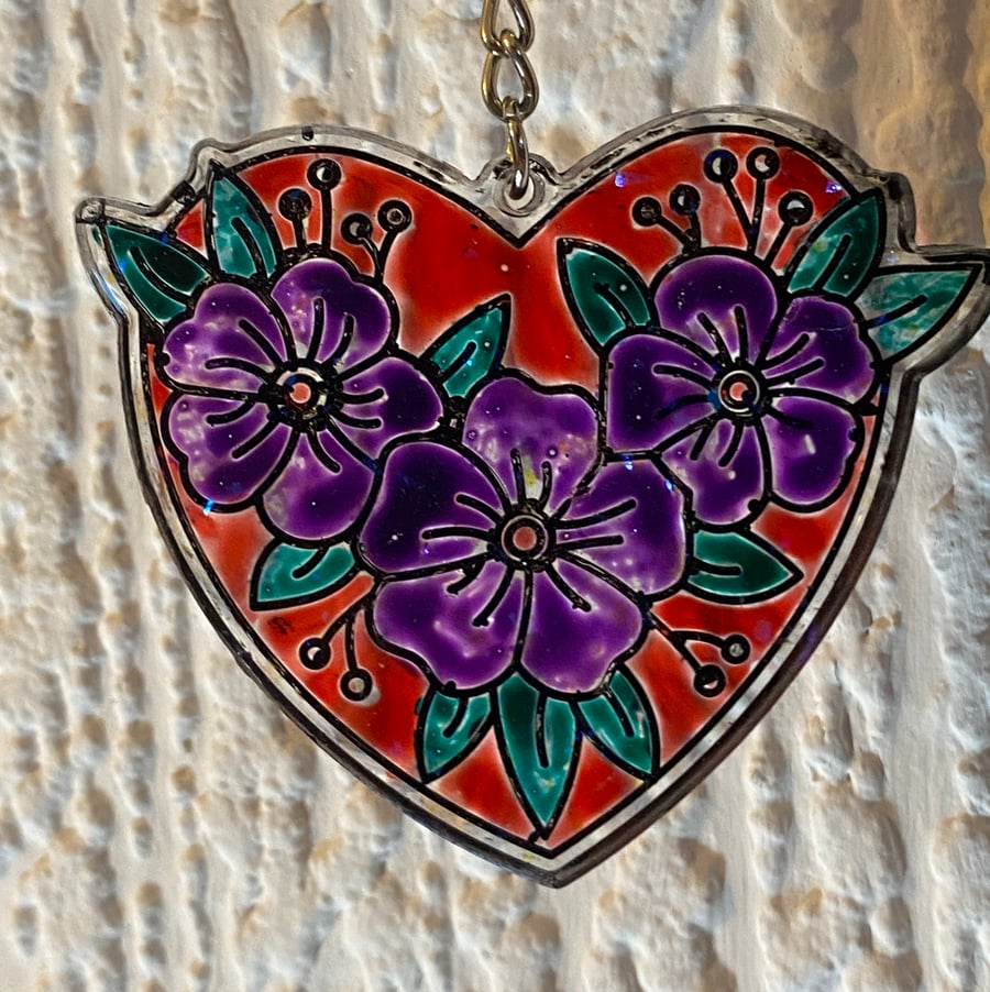 Handmade Faux Stained Glass Floral Violet Heart-Shaped Keyring