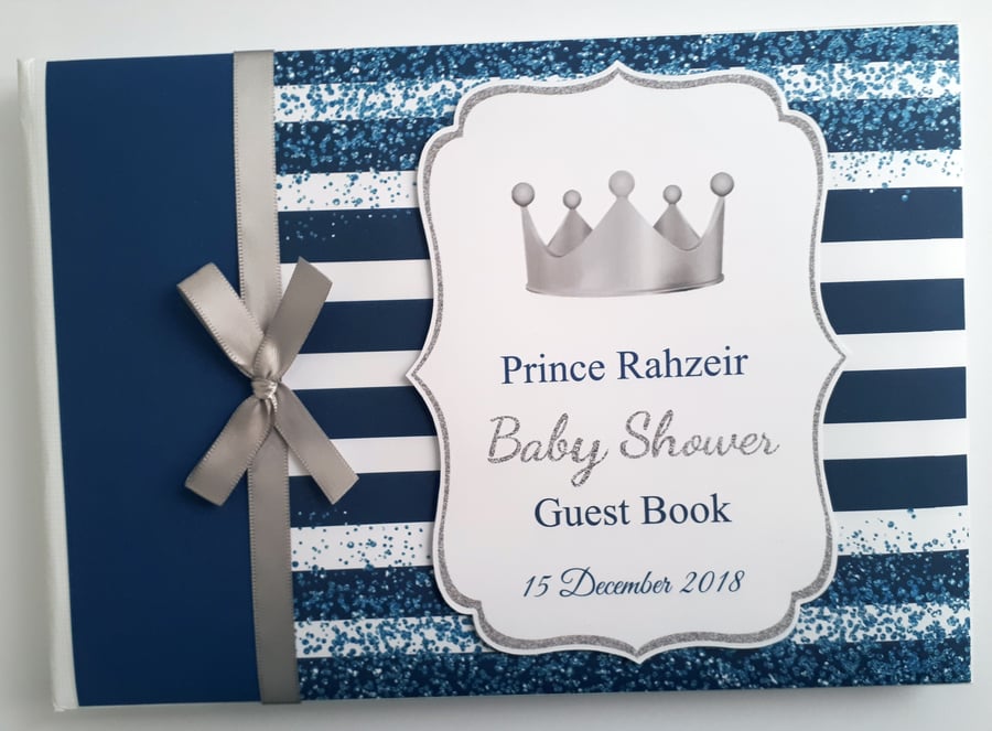 Prince birthday guest book, silver crown, blue and silver guest book