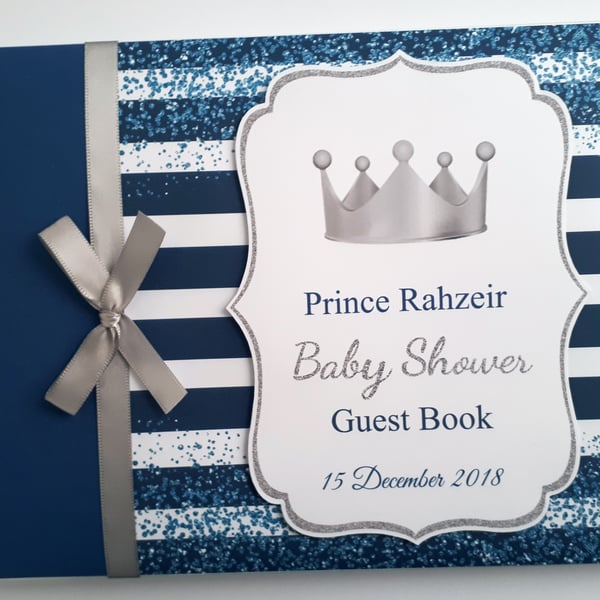 Prince birthday guest book, silver crown, blue and silver guest book