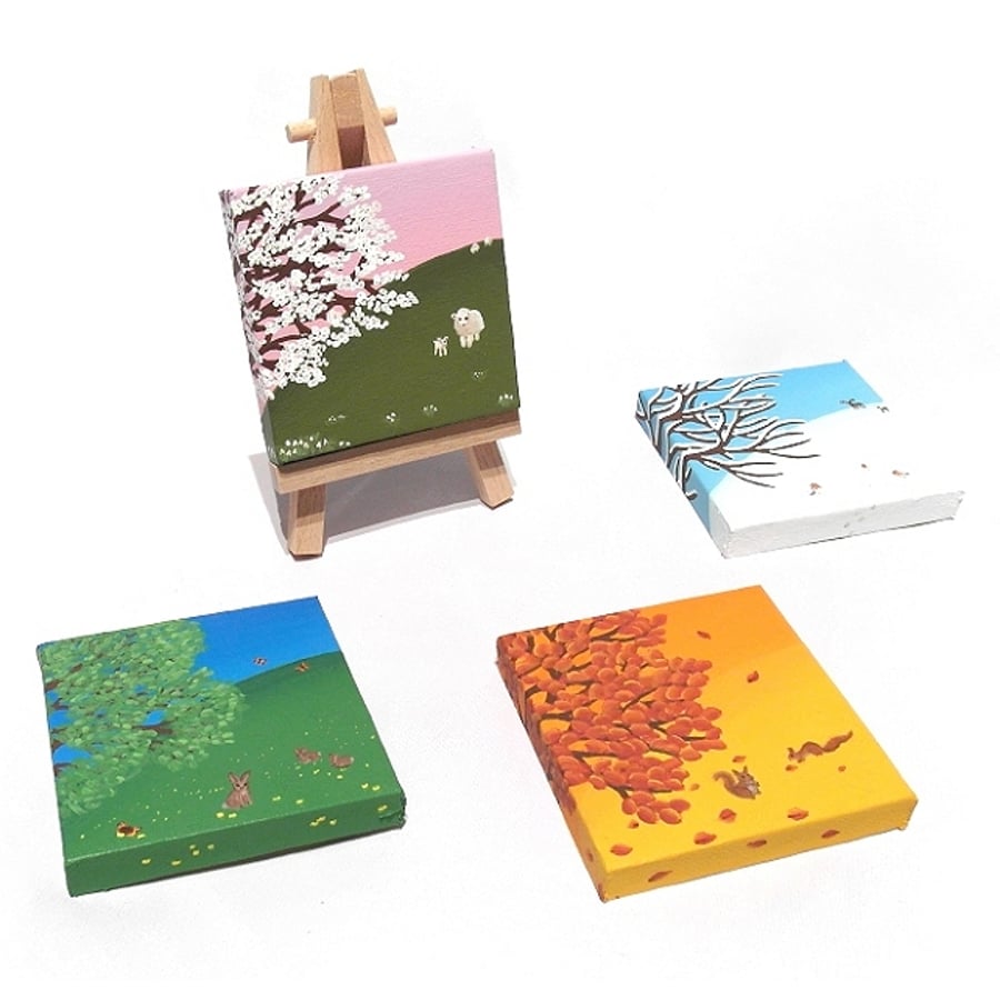 Seasonal Miniature Art - beautiful bundle of 4 original paintings and mini easel