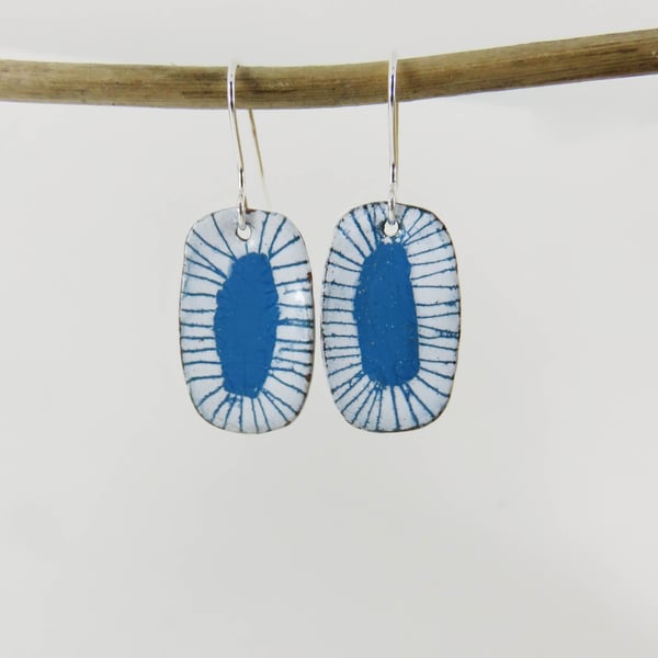 Enamel Dangle Earrings with Turquoise and White Hand Drawn Pattern