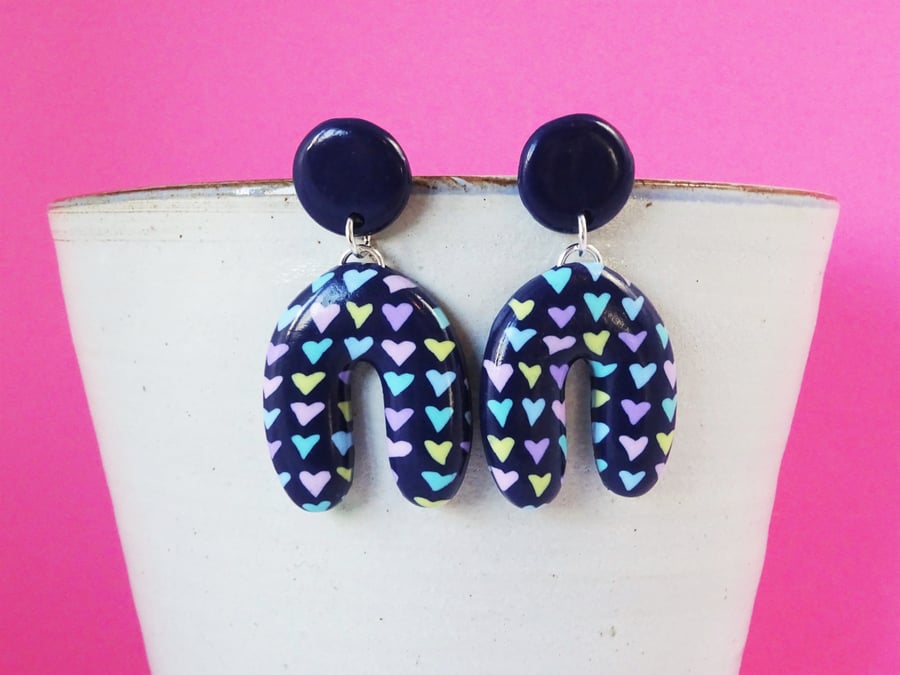 Statement navy blue earrings, Pastel heart earrings, Valentine's day jewellery