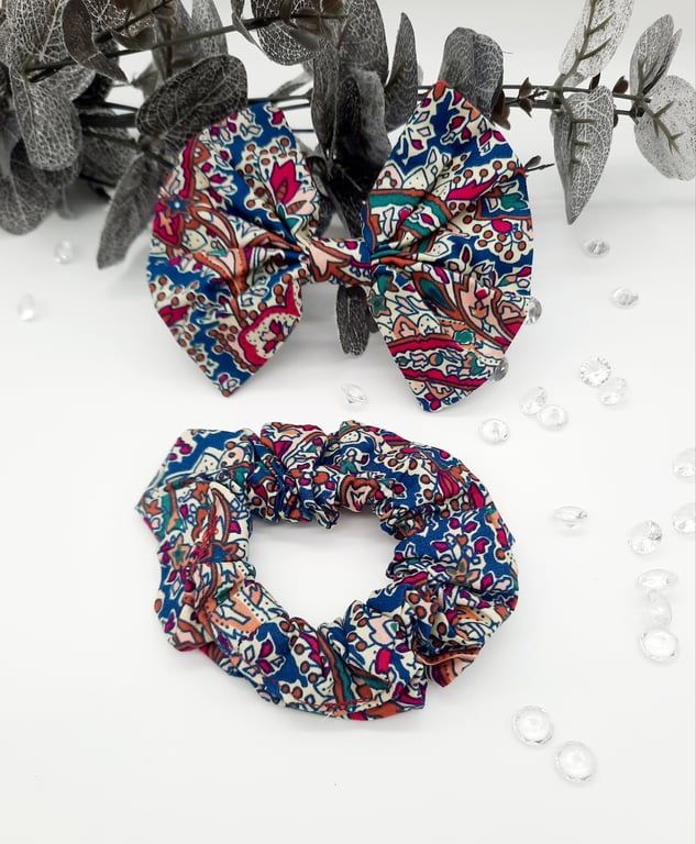 Raspberry pink, teal, clip on bow, scrunchie,  matching set, free UK delivery.  