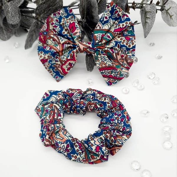 Raspberry pink, teal, clip on bow, scrunchie,  matching set, free UK delivery.  