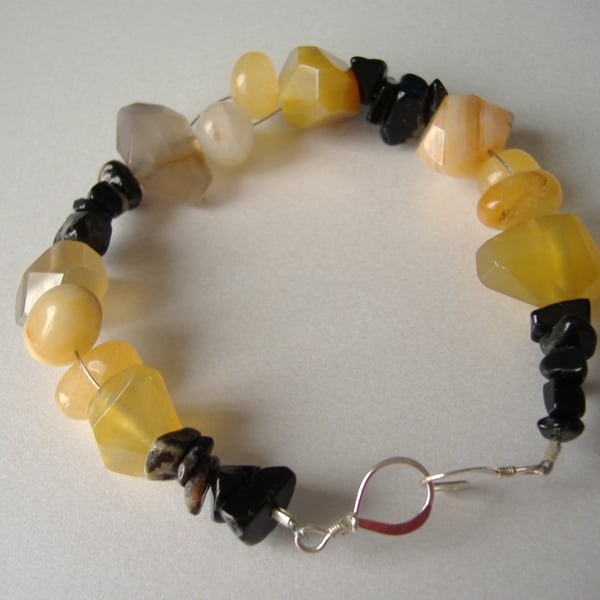Yellow Agate, Yellow Jade & Onyx Bracelet  - Handmade - Sterling Silver