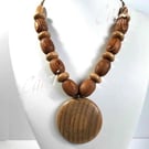 Wooden Bead & Round Pendant Necklace