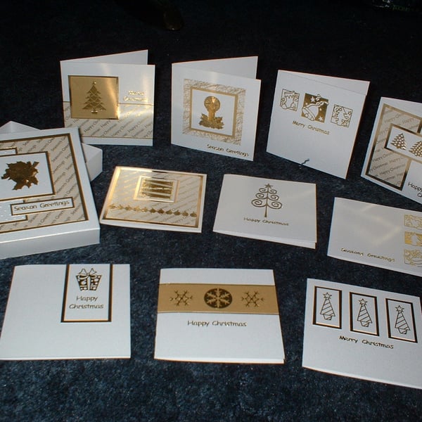 Pack of Ten Gold and White Christmas Cards in Gift Box