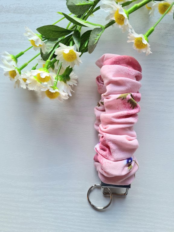 Wristlet Keychain, Pale Pink Scrunchie Style Soft Cotton Fabric Key Fob