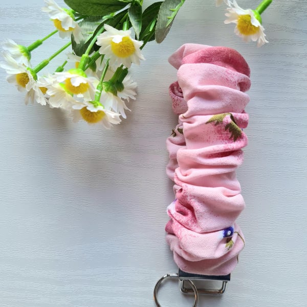 Wristlet Keychain, Pale Pink Scrunchie Style Soft Cotton Fabric Key Fob