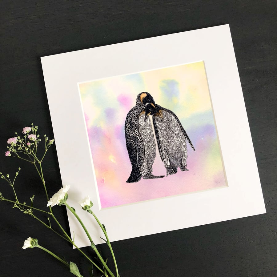 'Penguin Love' 8" x 8" Mounted Print