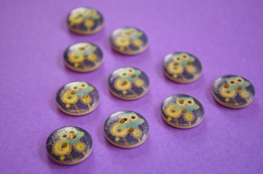 15mm Wooden Owl Buttons Dark Blue Turquoise Yellow 10pk Bird (SOW6)