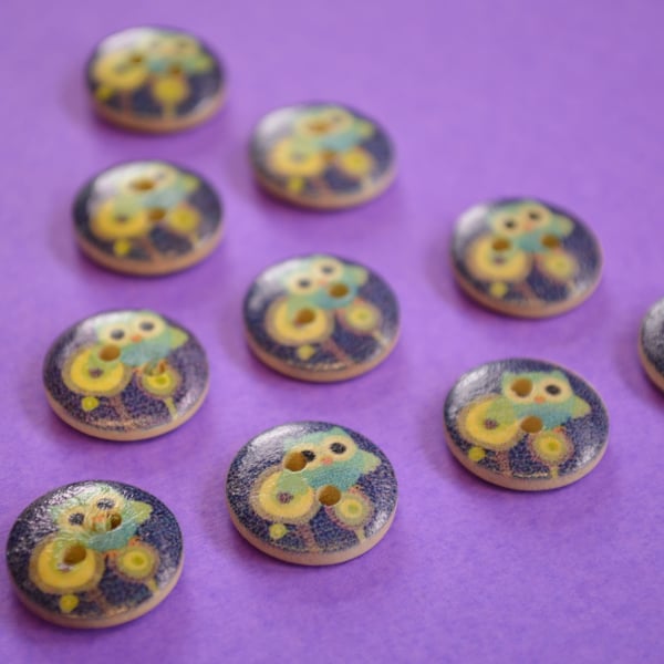 15mm Wooden Owl Buttons Dark Blue Turquoise Yellow 10pk Bird (SOW6)