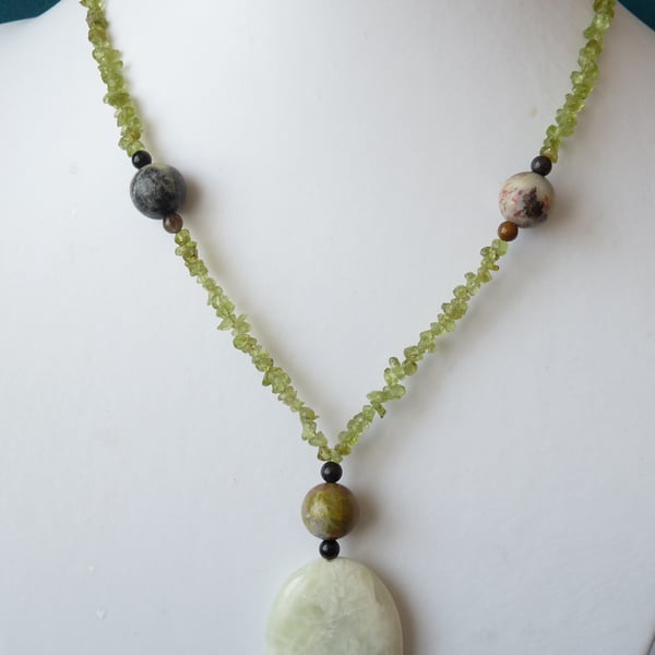 Peridot, Mint Jade, Tigers Eye & Green Jasper Necklace - Sterling Silver 