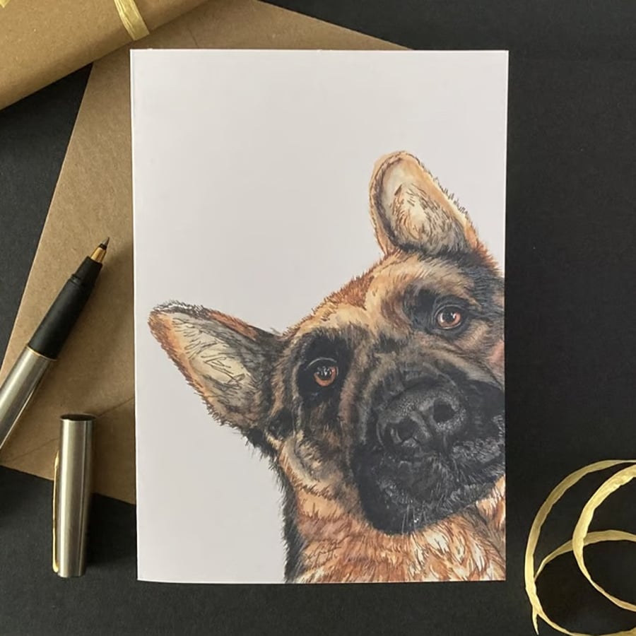 German Shepherd Card. Birthday, Personalised or blank Alsatian art card.